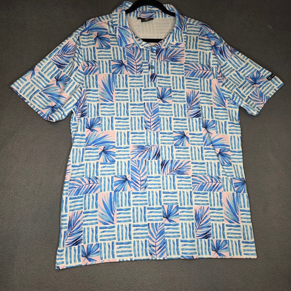 GreenSide Golf Mens Palm Leaf Geo Performance Polo Shirt Blue Pink Large